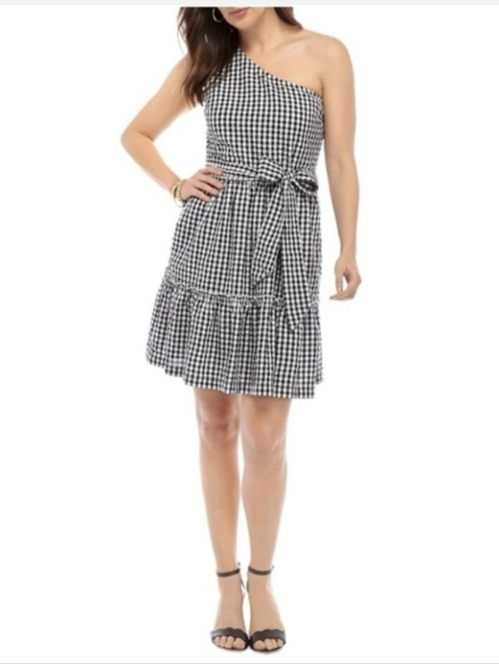 Gingham Ruffle Hem One Shoulder Mini Dress Cottagecore Grannycore Coastal Resort